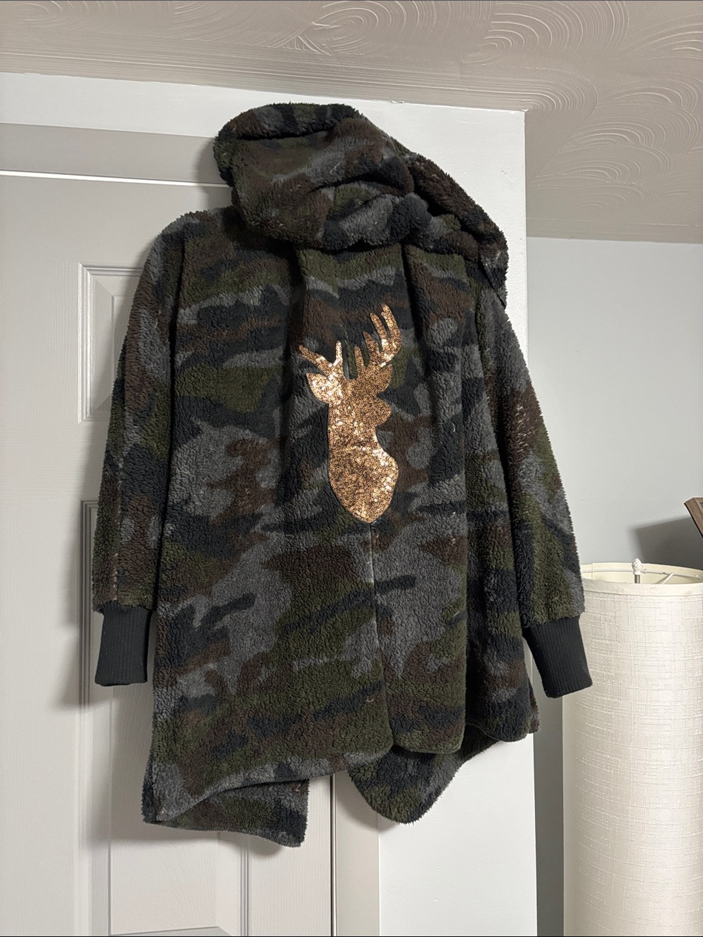 Judith March Olive Green Black Camo Teddy Jacket with Gold Sequin Deer